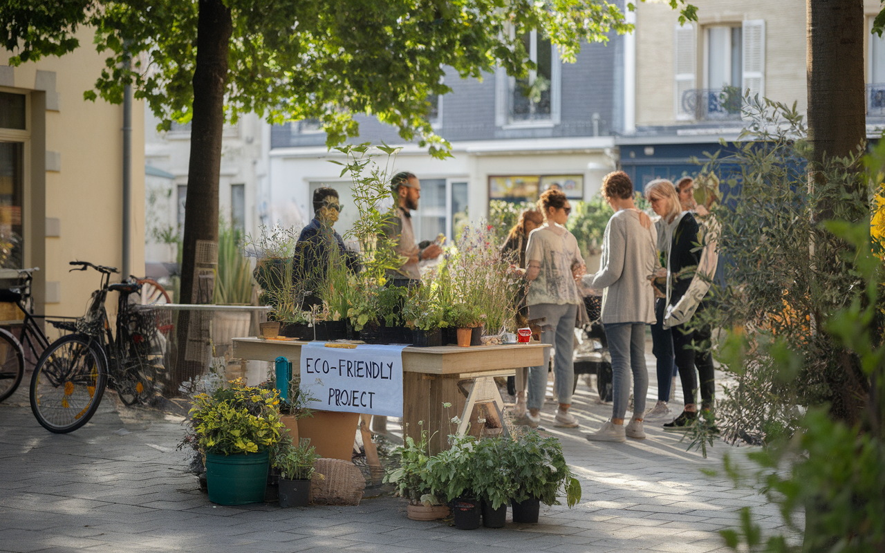 Un groupe de personnes discute près d'une table d'un projet éco-responsable, entouré de plantes en pots, dans un environnement urbain.
