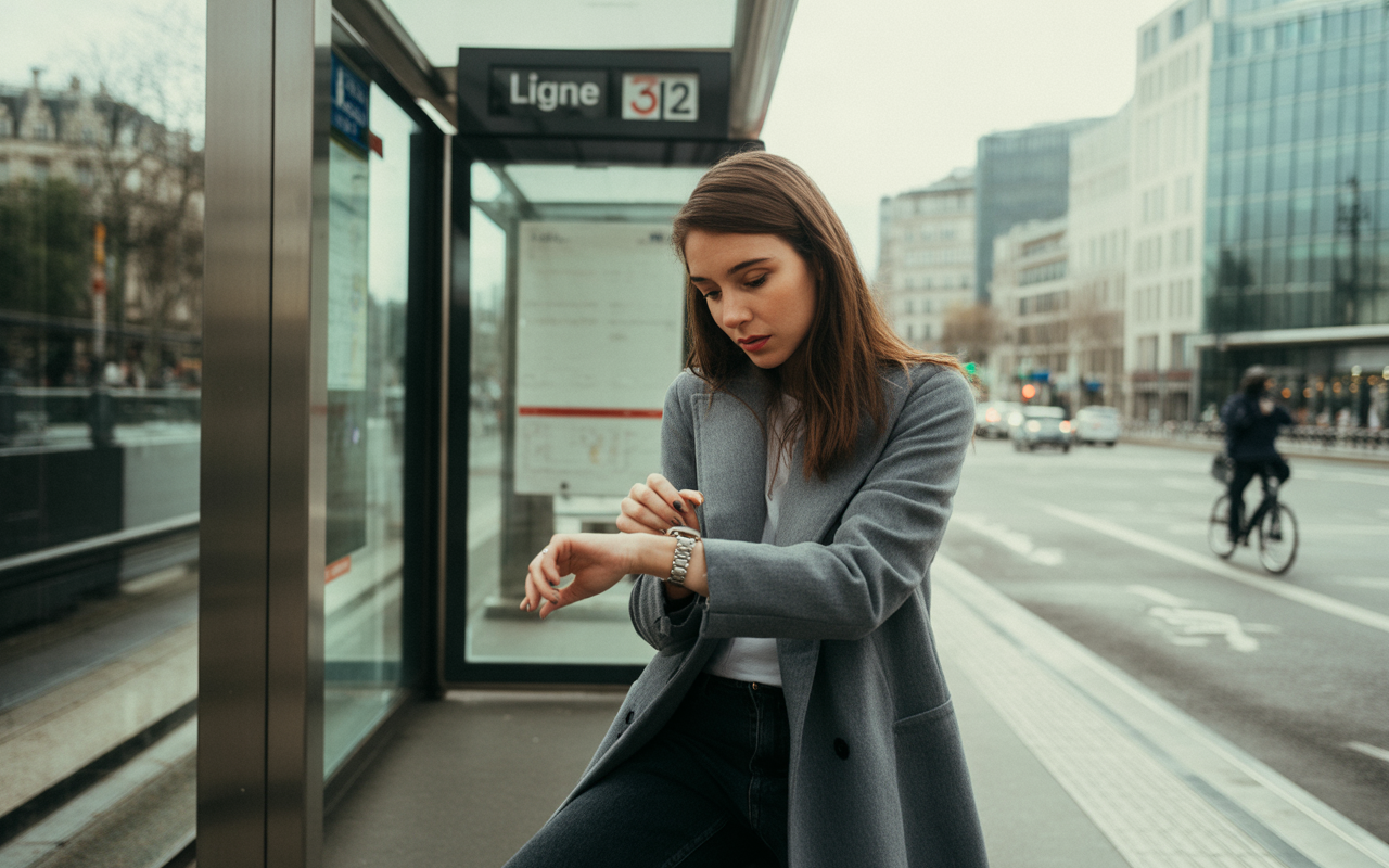 Femme regardant sa montre à un arrêt de bus, vêtue d'un manteau gris, avec un décor urbain en arrière-plan.