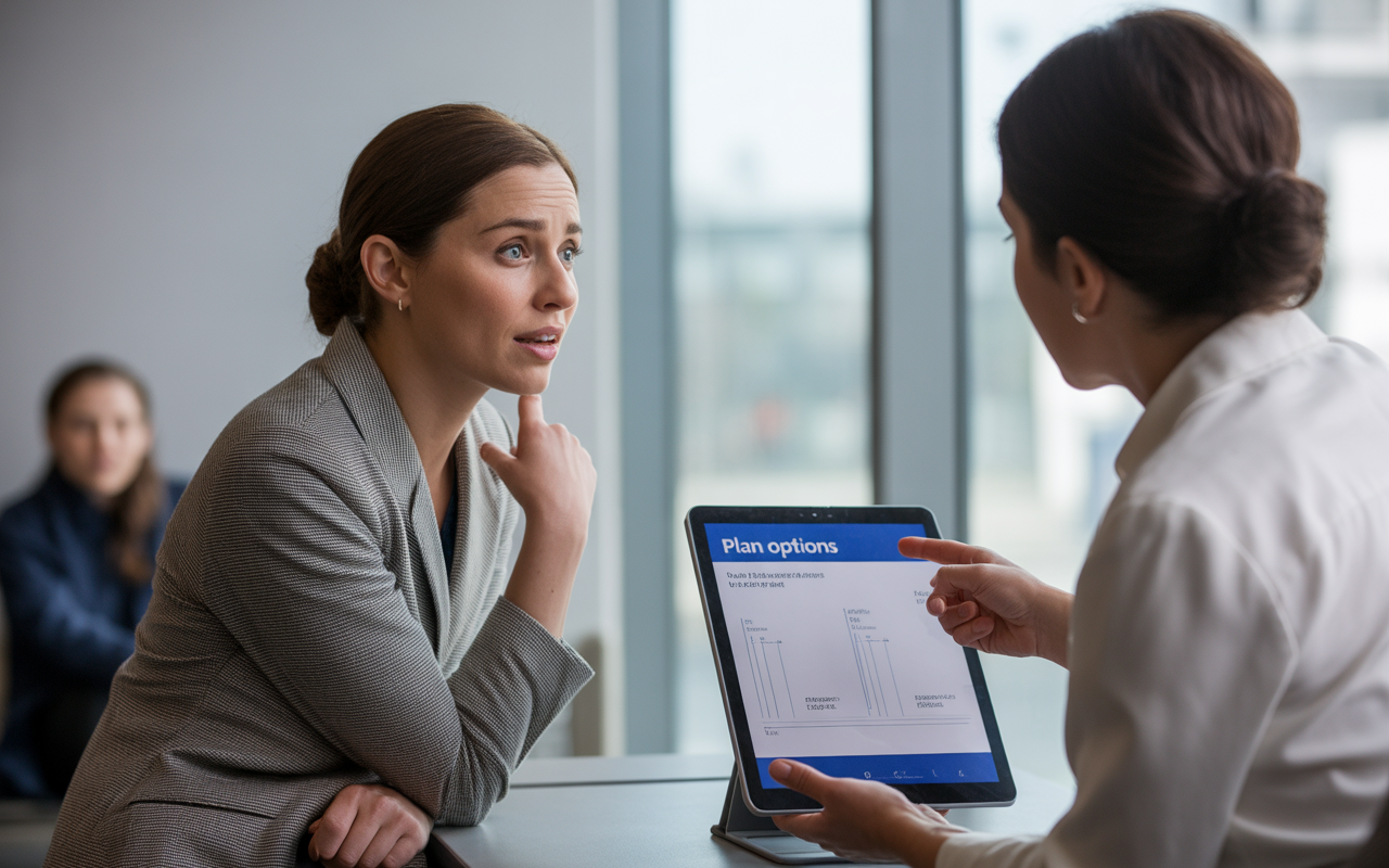 Deux femmes discutent sérieusement dans un bureau, l'une montrant un tableau d'options sur une tablette, l'autre écoutant attentivement.