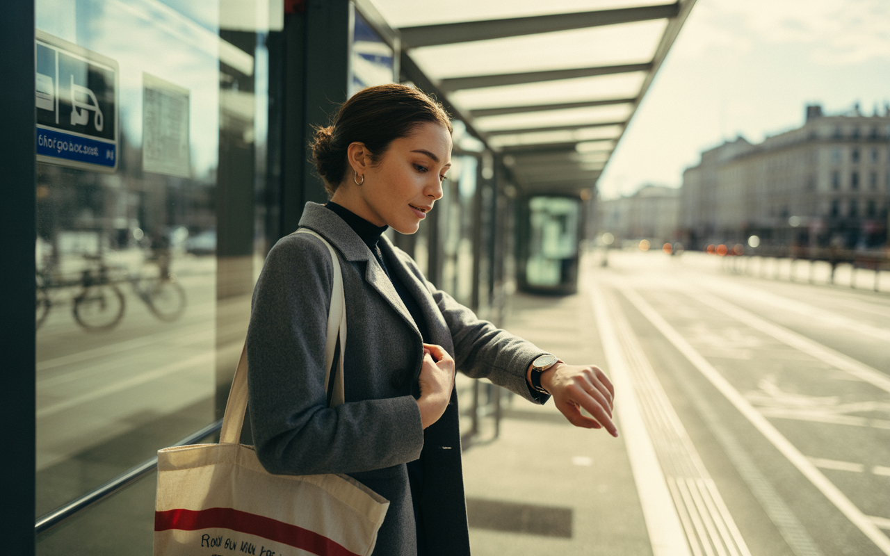 Femme regardant sa montre à un arrêt de transport, vêtue d'un manteau gris, avec un sac en toile à la main, en journée.