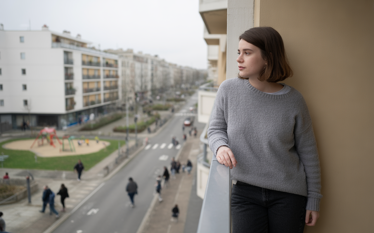 Femme au balcon, vêtue d'un pull gris, regardant la rue où des personnes marchent. En arrière-plan, un parc avec des jeux.