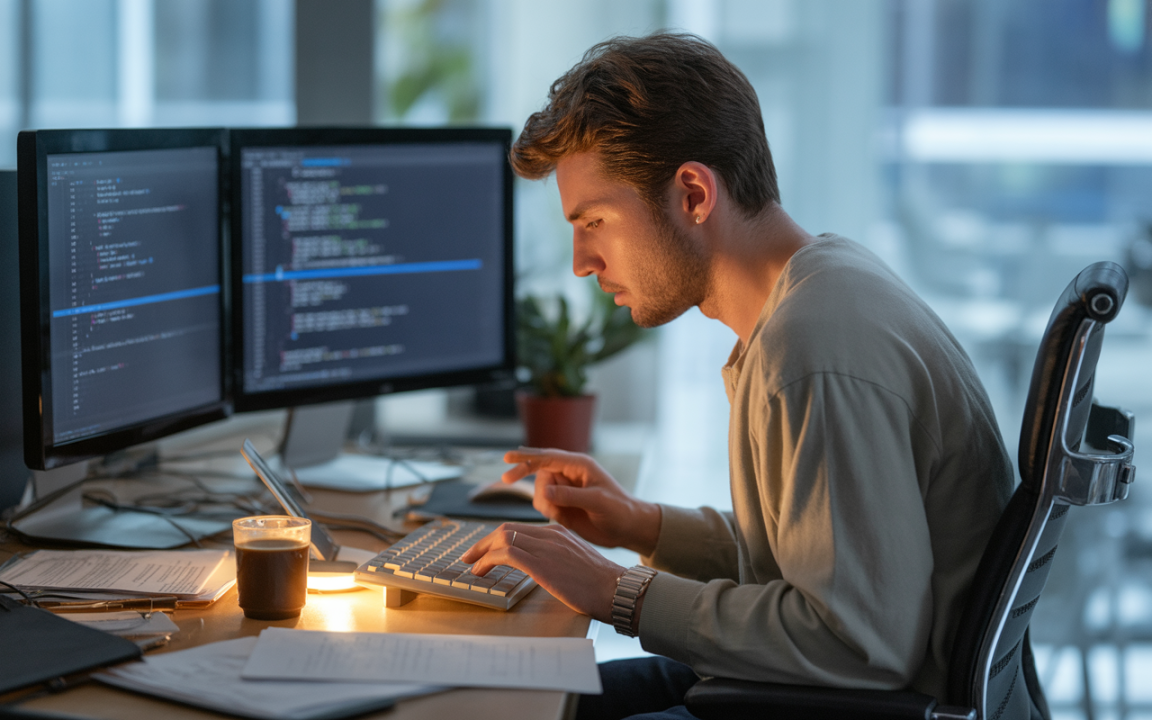 Un homme concentré tape sur un clavier, entouré d'écrans montrant du code, avec une tasse de café et des notes sur le bureau.