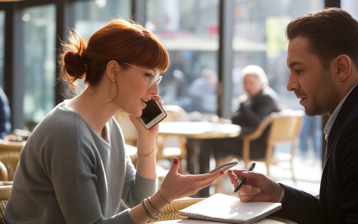 Deux personnes discutent dans un café. Une femme utilise son téléphone, tandis qu'un homme prend des notes avec un stylo.