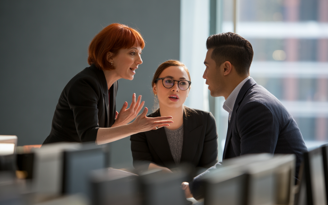 Trois professionnels en réunion discutent intensément, une femme gesticule tandis que deux collègues l'écoutent attentivement. Ambiance de bureau moderne.