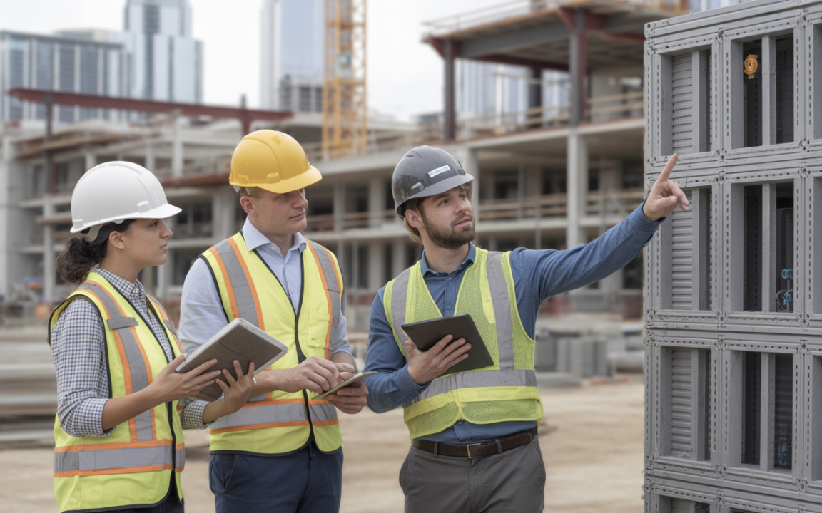 Trois professionnels sur un chantier de construction discutent, portant des casques de sécurité et des gilets réfléchissants. Un homme pointe un élément.