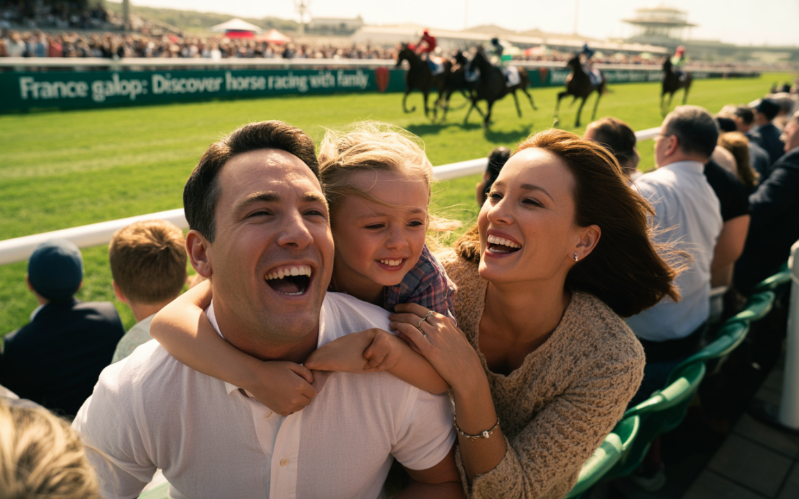 Une famille souriante assiste à une course de chevaux, entourée de spectateurs, dans une ambiance joyeuse et ensoleillée.
