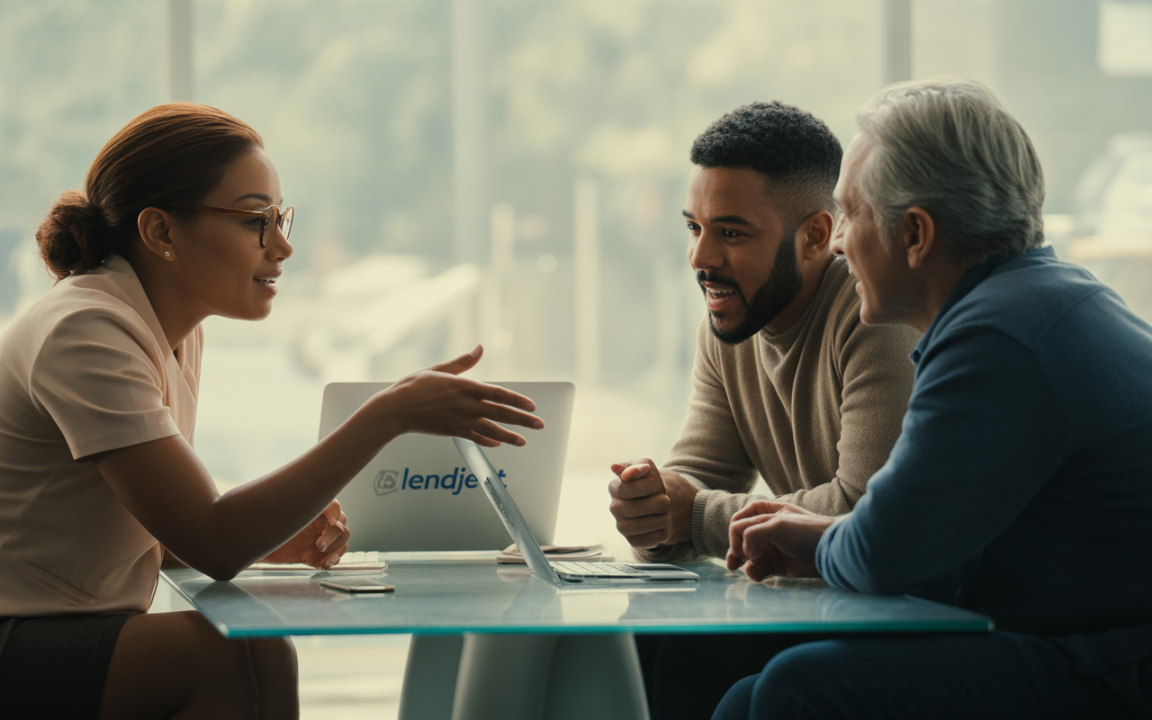 Trois personnes discutent autour d'une table, avec un ordinateur portable, dans un environnement moderne et lumineux.