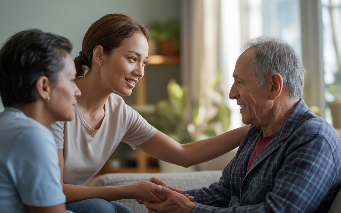 Une jeune femme souriante échange un moment chaleureux avec un homme âgé, tandis qu'une autre femme les écoute attentivement.