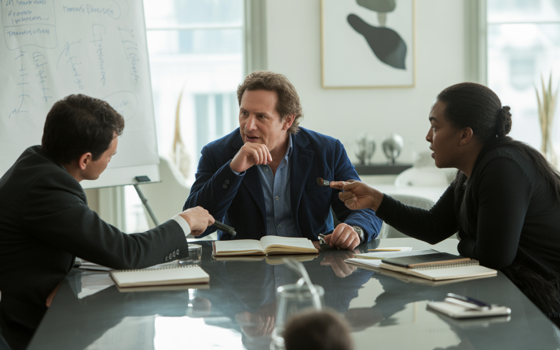 Réunion autour d'une table moderne, avec trois personnes discutant et prenant des notes, ambiance professionnelle et collaborative.