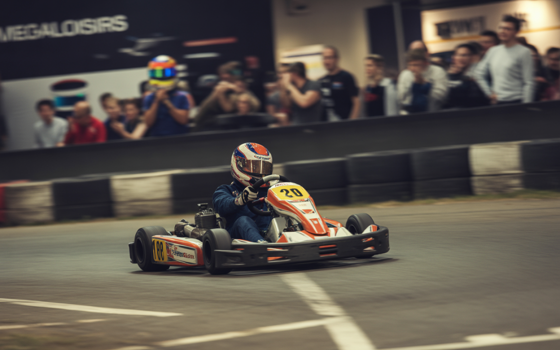 Un karting rapide sur une piste, piloté par un jeune avec un casque, entouré de spectateurs. Ambiance de course excitante.