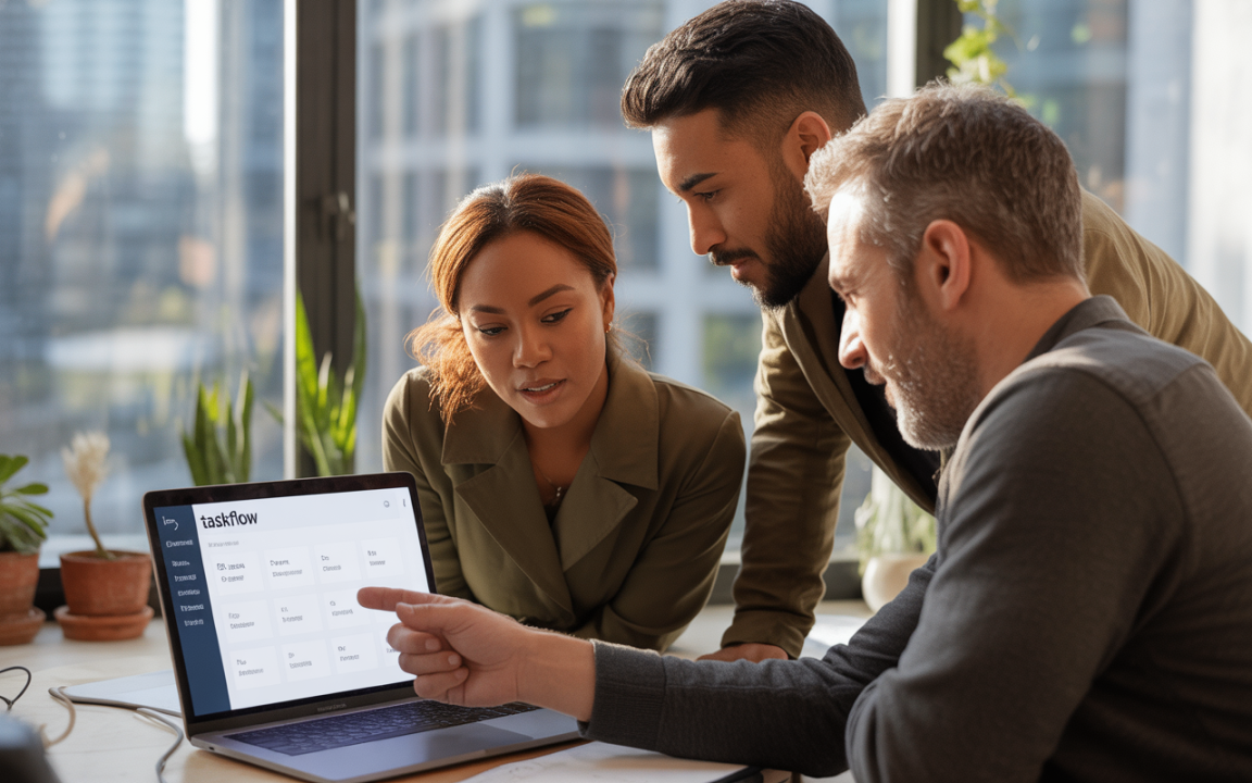 Trois personnes analysent un ordinateur portable dans un bureau moderne, entourées de plantes, discutant d'une application de gestion de tâches.