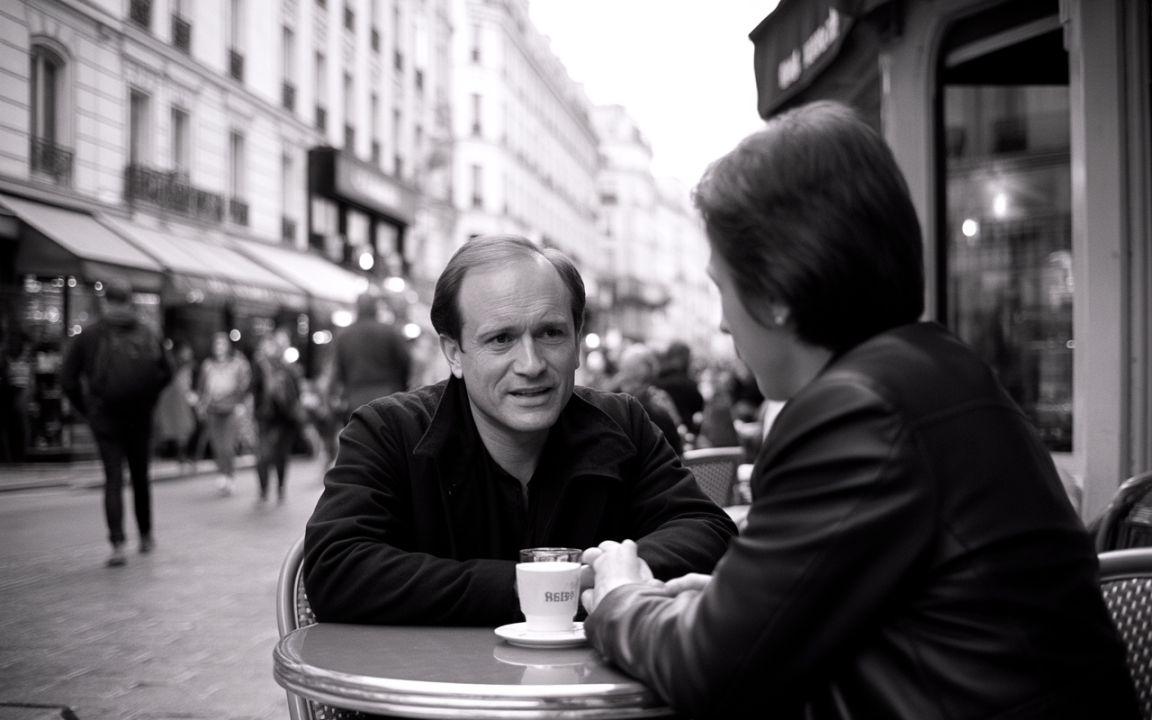 Deux personnes discutent autour d'une table en extérieur, avec des passants flous en arrière-plan, ambiance urbaine en noir et blanc.
