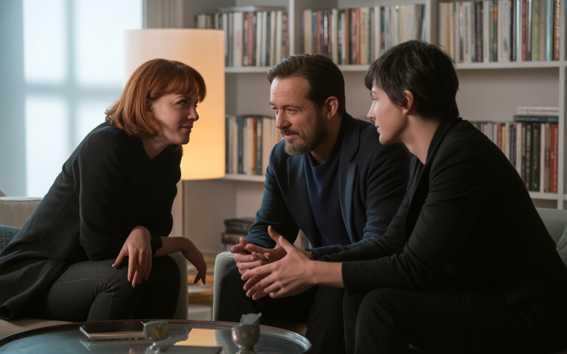 Trois personnes en discussion dans un salon moderne, avec des étagères de livres en arrière-plan et un lampadaire.