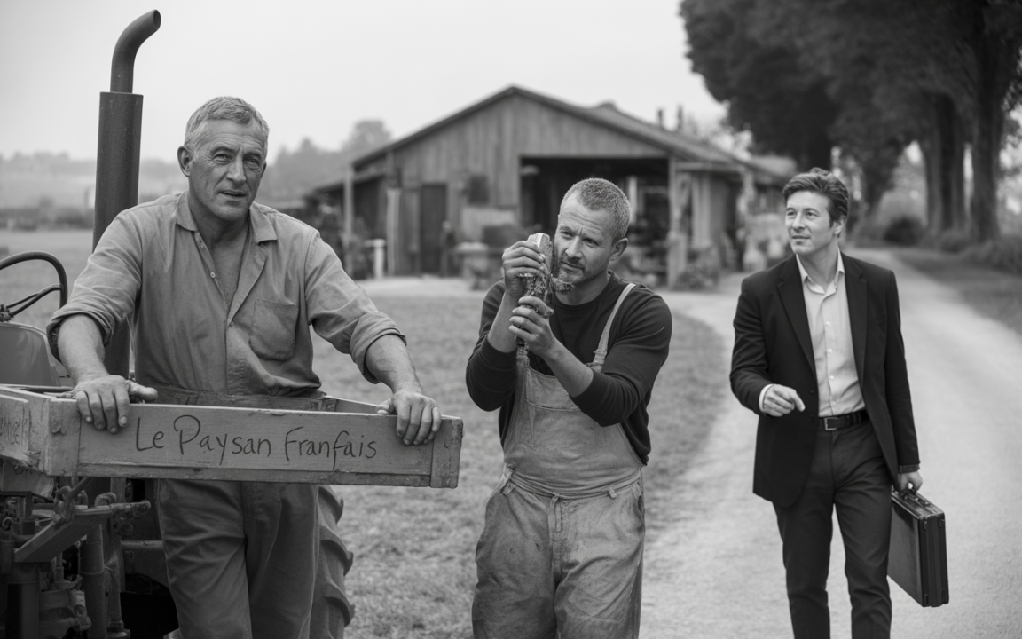 Trois hommes discutent sur une route de campagne, entourés de bâtiments agricoles, avec un tracteur en arrière-plan.