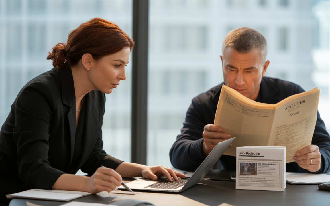 Deux personnes en réunion dans un bureau moderne, l'une utilisant un ordinateur portable, l'autre lisant un document.