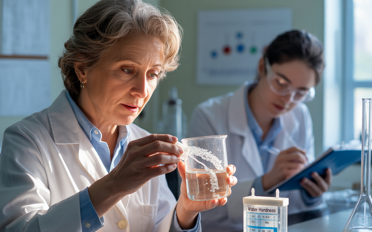Deux femmes en laboratoire analysent des échantillons d'eau. L'une examine un becher, l'autre prend des notes.
