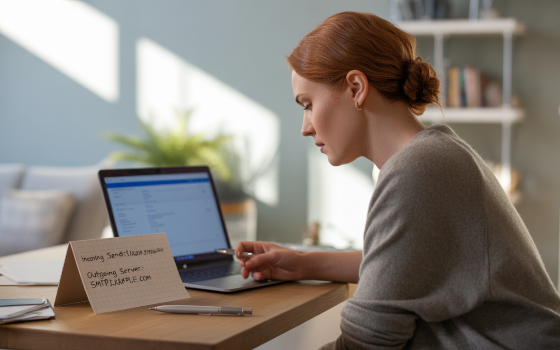 Une femme concentre sur un ordinateur portable, avec une note indiquant des informations sur les serveurs de messagerie sur la table.