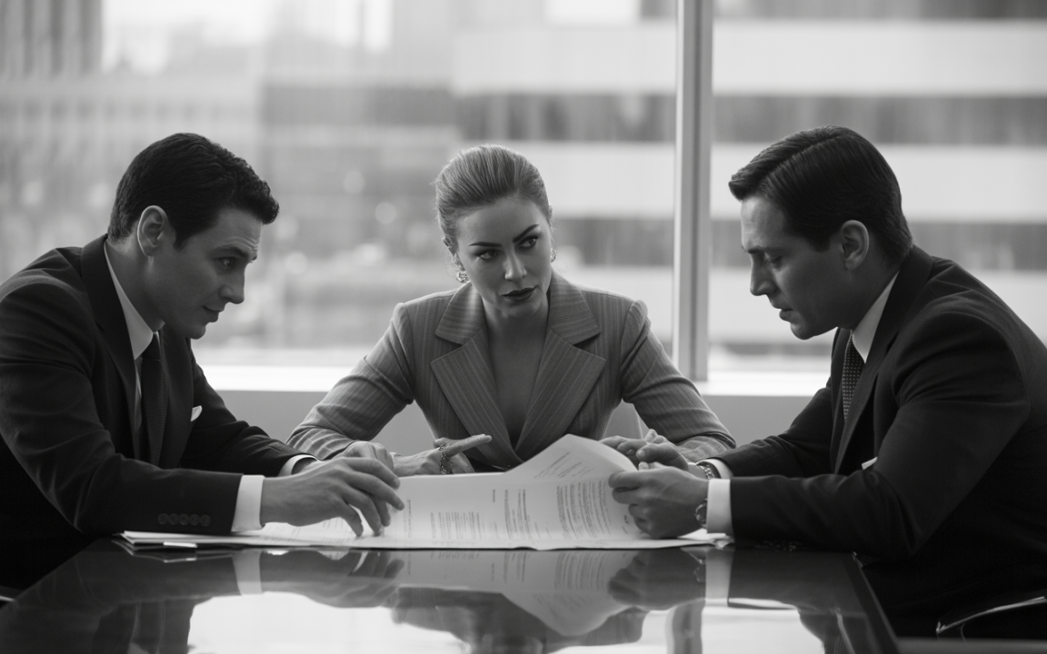 Trois professionnels en costume discutent autour d'une table, examinant des documents, dans un bureau moderne en noir et blanc.