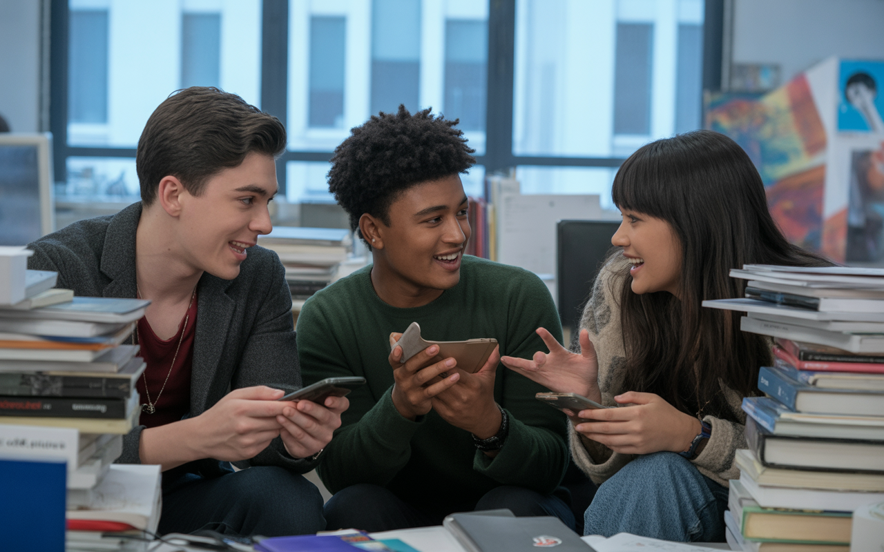 Trois jeunes discutent joyeusement dans une bibliothèque, chacun tenant un smartphone, entourés de livres.