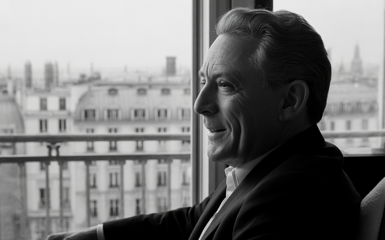 Homme souriant, regard tourné vers la ville, assis près d'une fenêtre avec une vue panoramique sur des bâtiments parisiens. Noir et blanc.