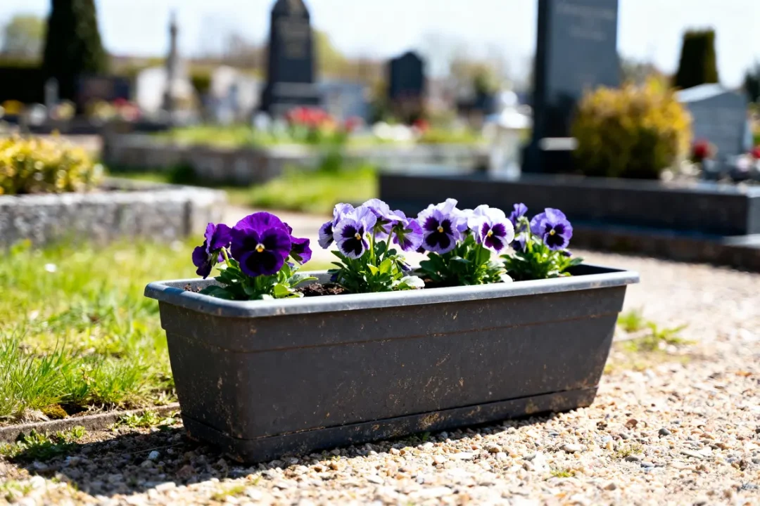 Jardinière avec pensées violettes et blanches posée sur du gravier dans un cimetière ensoleillé.