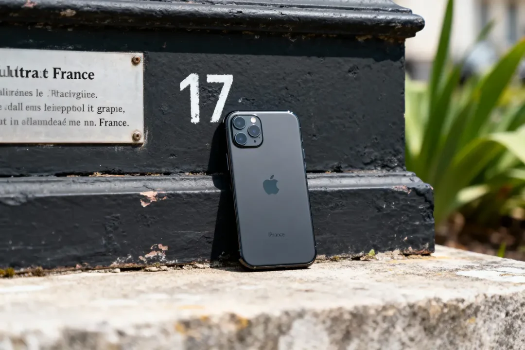 Un iPhone noir appuyé contre un mur noir avec le nombre 17 et une plaque illisible.