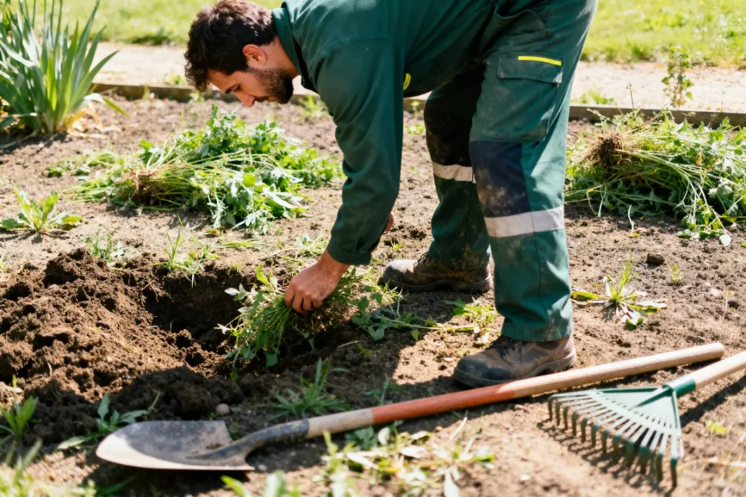 Homme jardinant, vêtement vert, arrache des mauvaises herbes. Pelle et râteau au sol, par une journée ensoleillée.