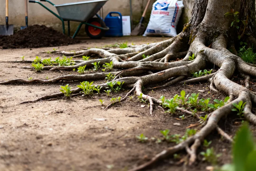 Racines d'arbre proéminentes avec jeunes pousses, proche brouette, arrosoir, sacs de terreau, outils de jardinage.