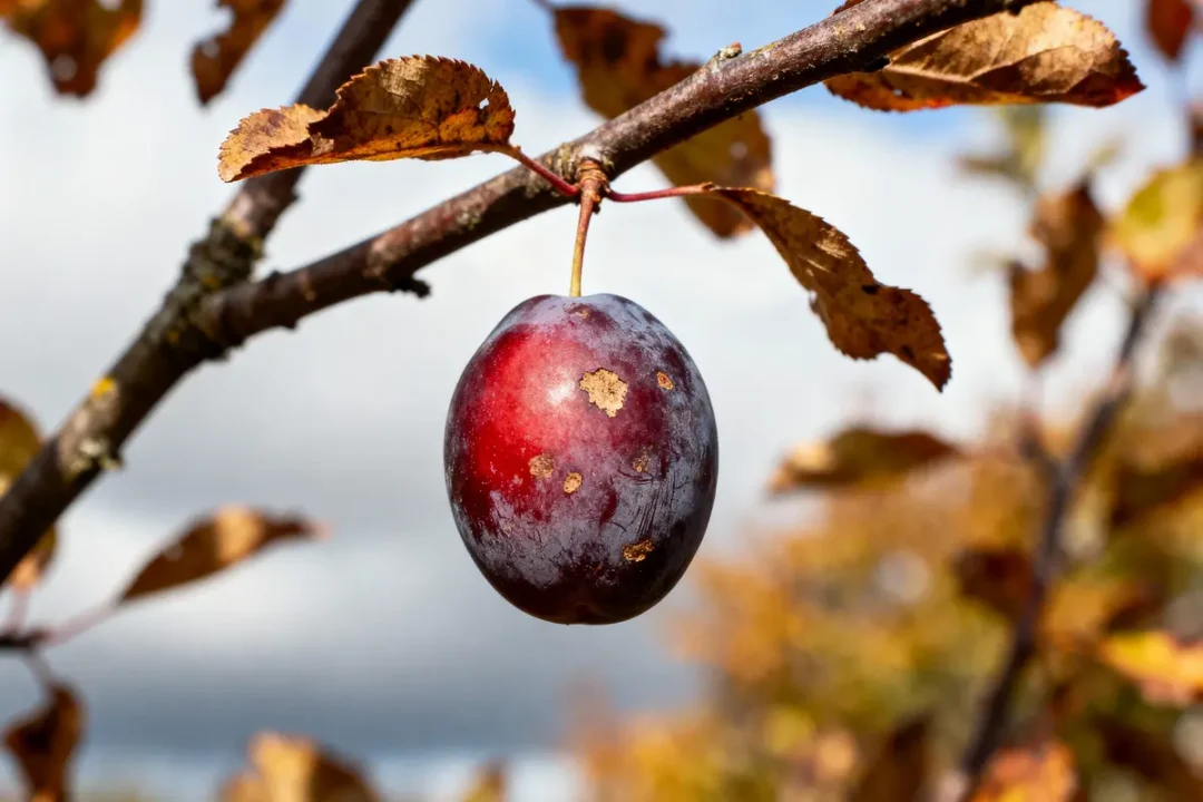 Gros plan d'une prune rouge suspendue à une branche avec feuilles d'automne, ciel en arrière-plan.