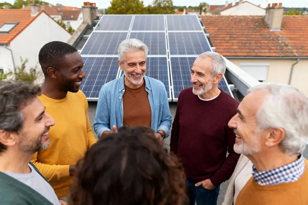 Groupe d'adultes souriants discutant devant panneaux solaires sur toit de maison, journée ensoleillée.