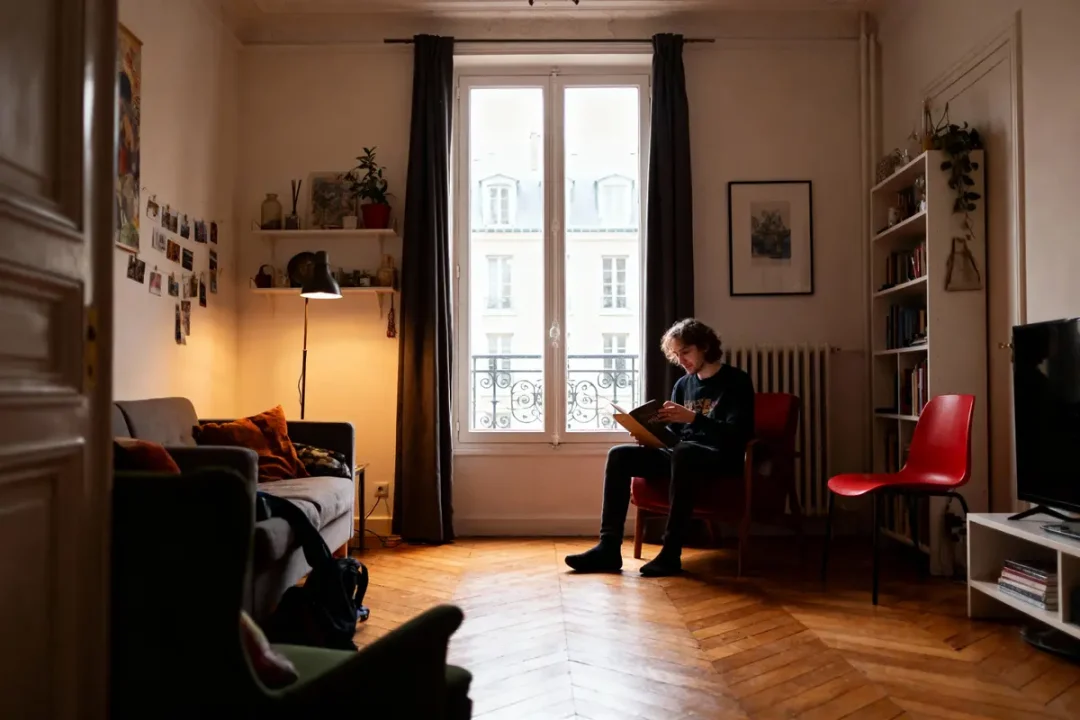 Homme lisant dans un salon lumineux avec parquet, canapé, étagères et grande fenêtre. Ambiance cosy.