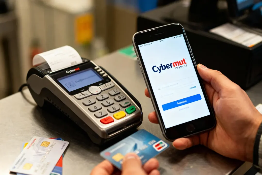 Personne effectuant un paiement par carte bancaire sur un terminal, smartphone affichant l'application Cybermut France.