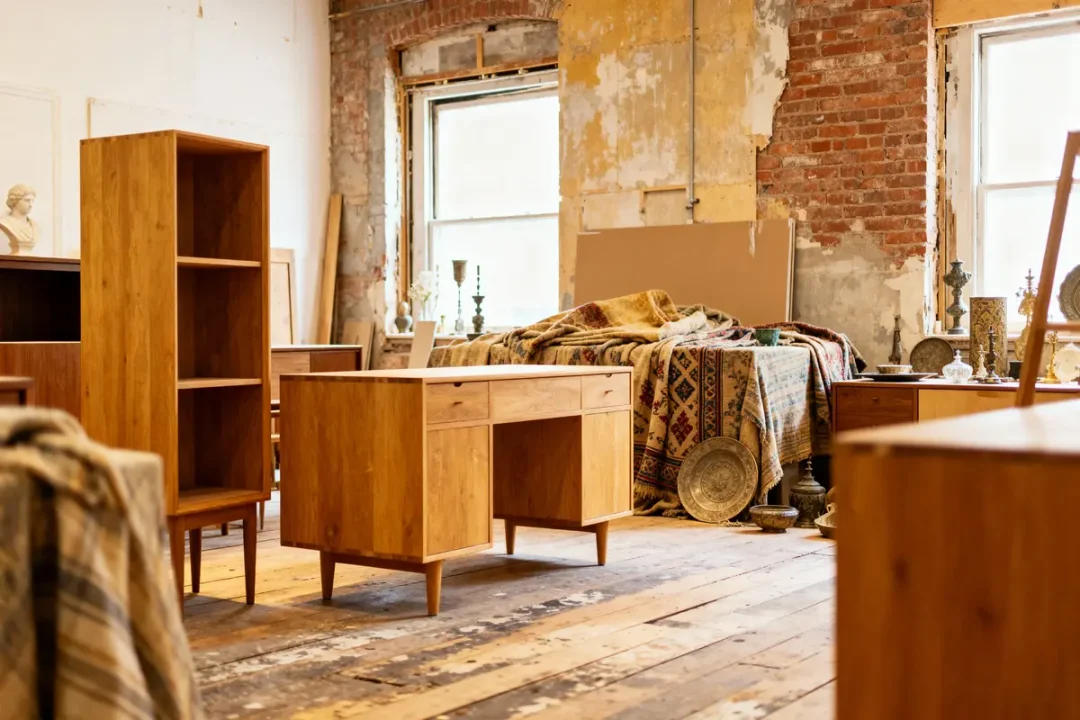 Salle avec meubles en bois vintage, murs en briques apparentes, objets décoratifs divers, lumière naturelle.