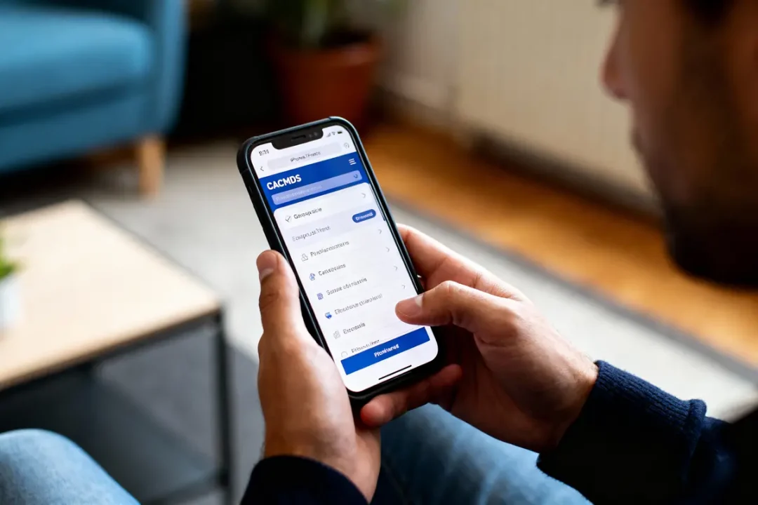 Homme utilisant un smartphone avec application CACMDS, assis dans un salon moderne, écran affichant options de menu.
