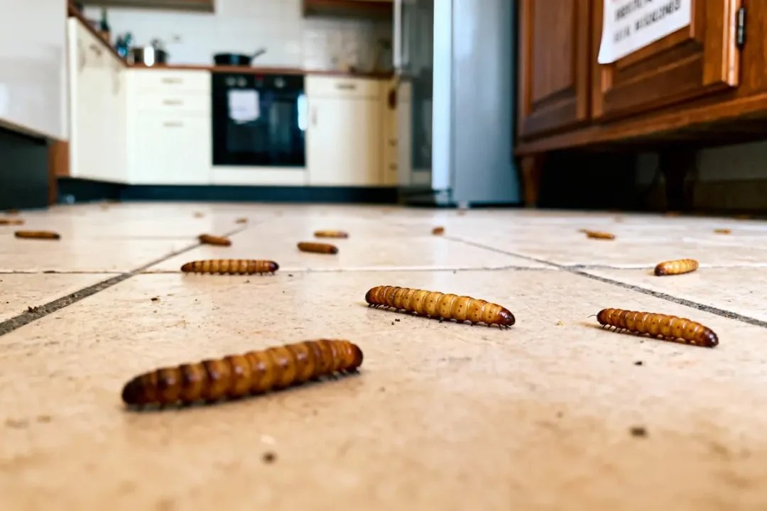 Insectes rampants sur le sol carrelé d'une cuisine. Placards et électroménagers visibles en arrière-plan.