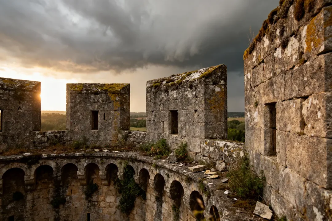 Ruines de château médiéval avec ciel orageux et lumière dorée du soleil couchant.