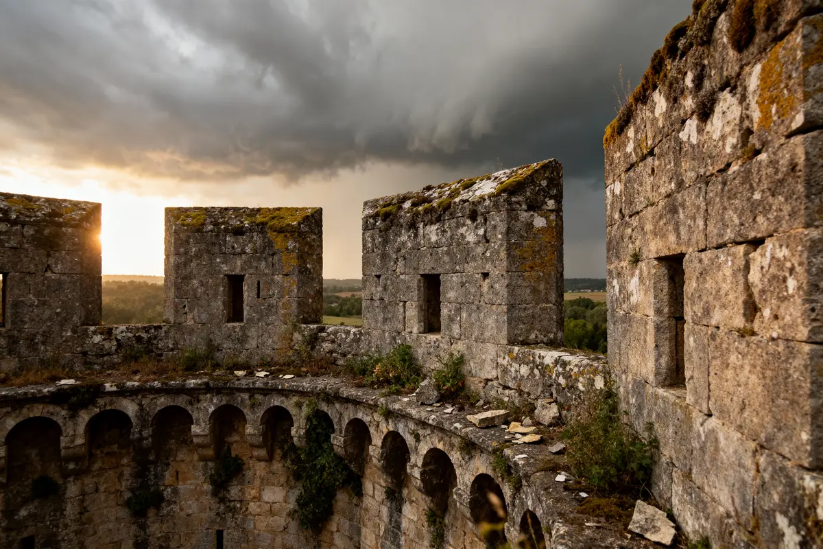 Ruines de château médiéval avec ciel orageux et lumière dorée du soleil couchant.