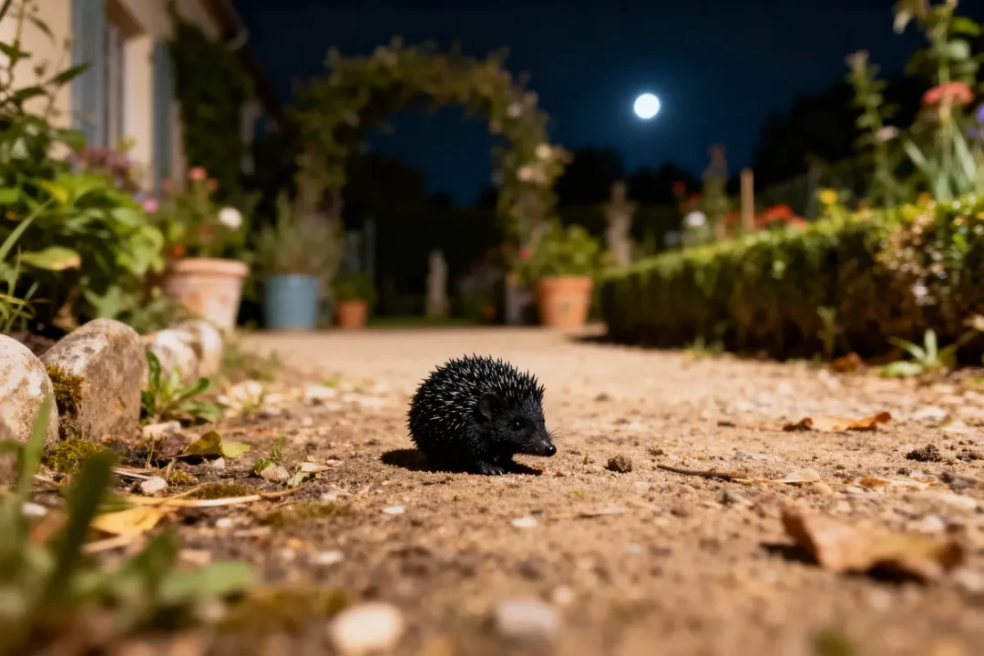 Un hérisson sur un chemin de jardin, éclairé par la lune, entouré de plantes en pot.