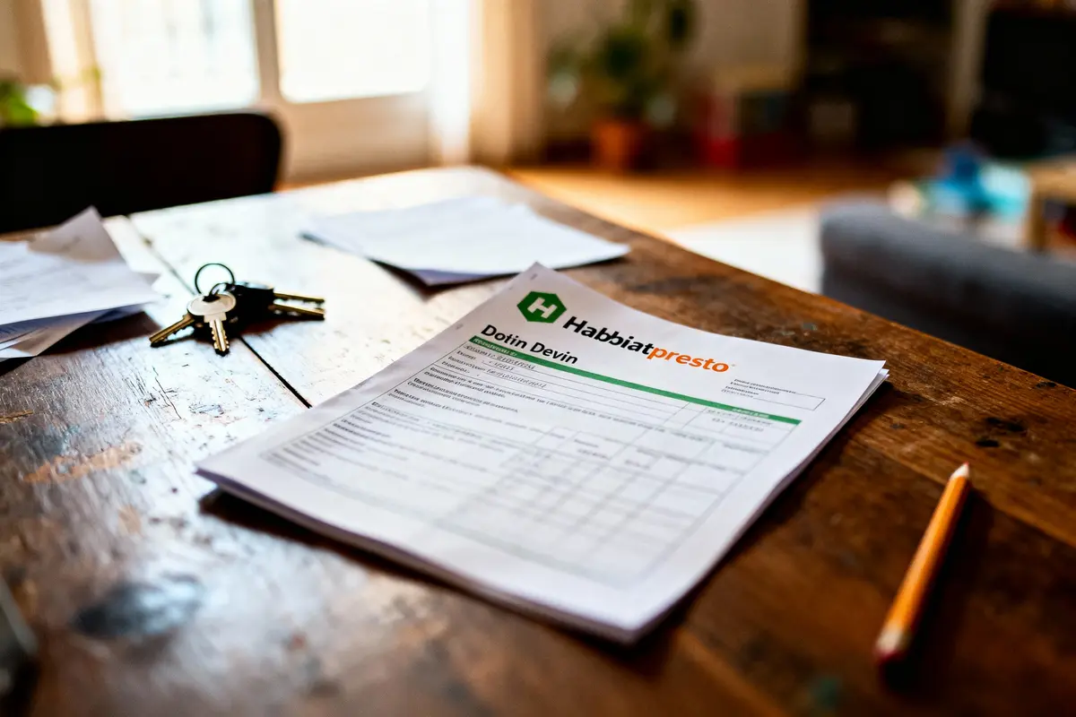 Documents et clés sur une table en bois illuminée par la lumière du jour.