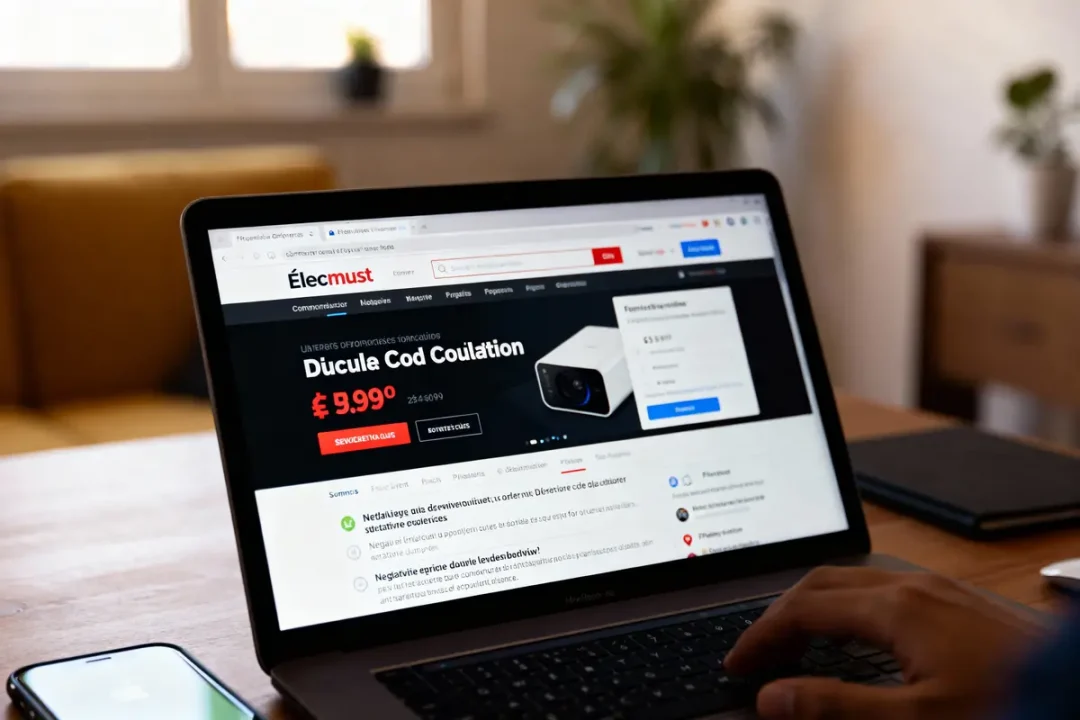 Ordinateur portable ouvert sur site e-commerce avec produit, prix et main appuyant sur le clavier, smartphone à côté.