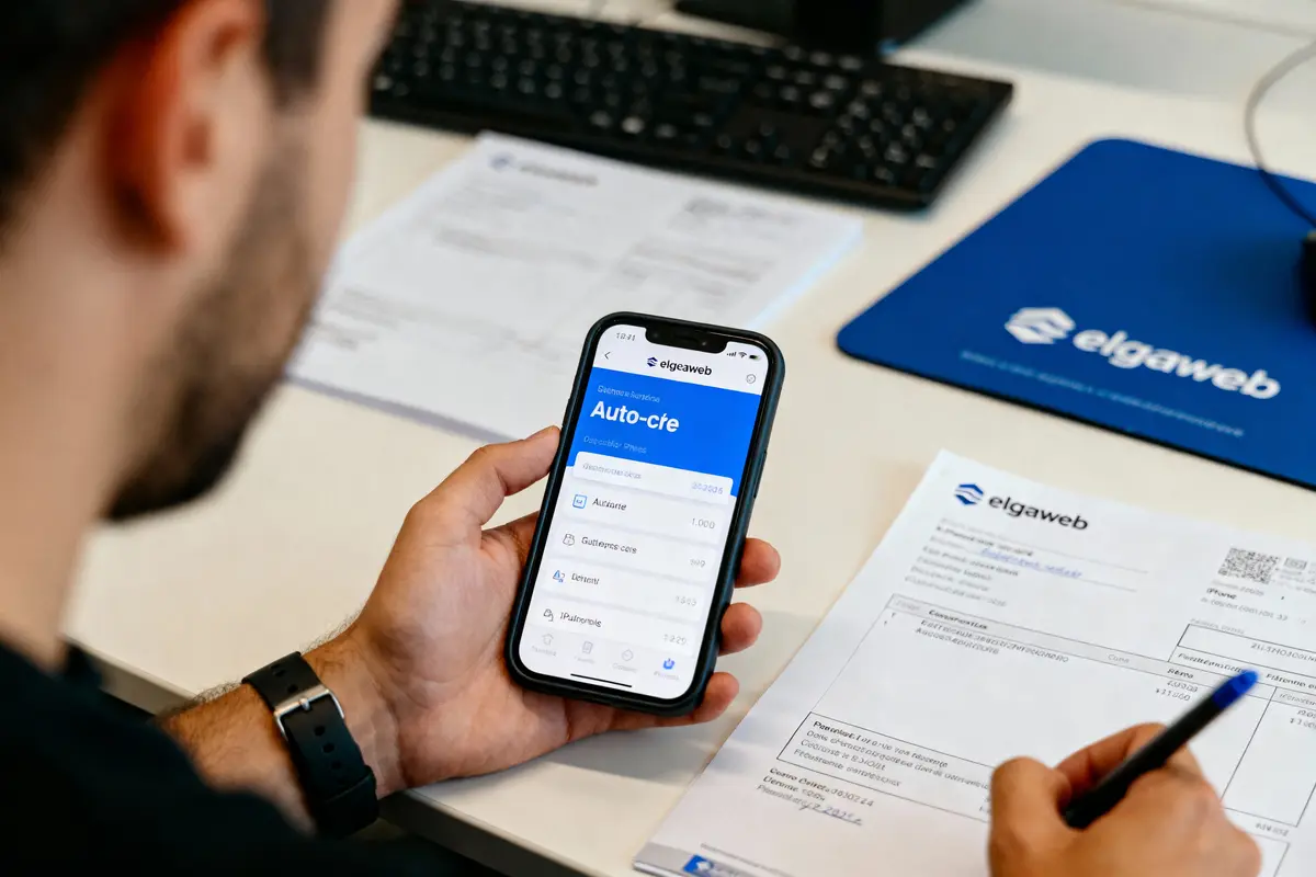 Un homme utilisant l'application Elgaweb sur smartphone, avec documents et clavier d'ordinateur en arrière-plan.