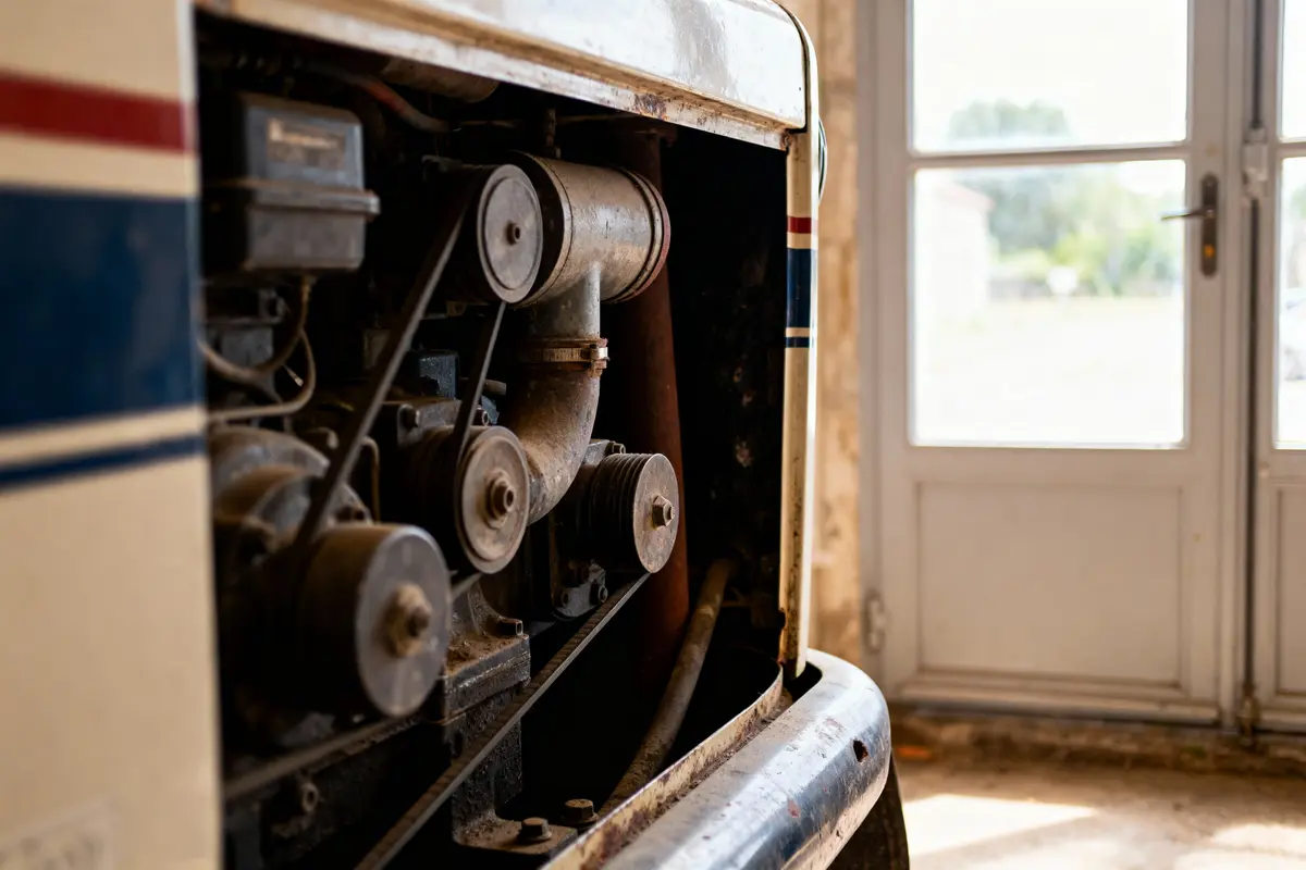 Vue rapprochée du moteur d'un véhicule ancien, avec des poulies, courroies et une porte en arrière-plan.