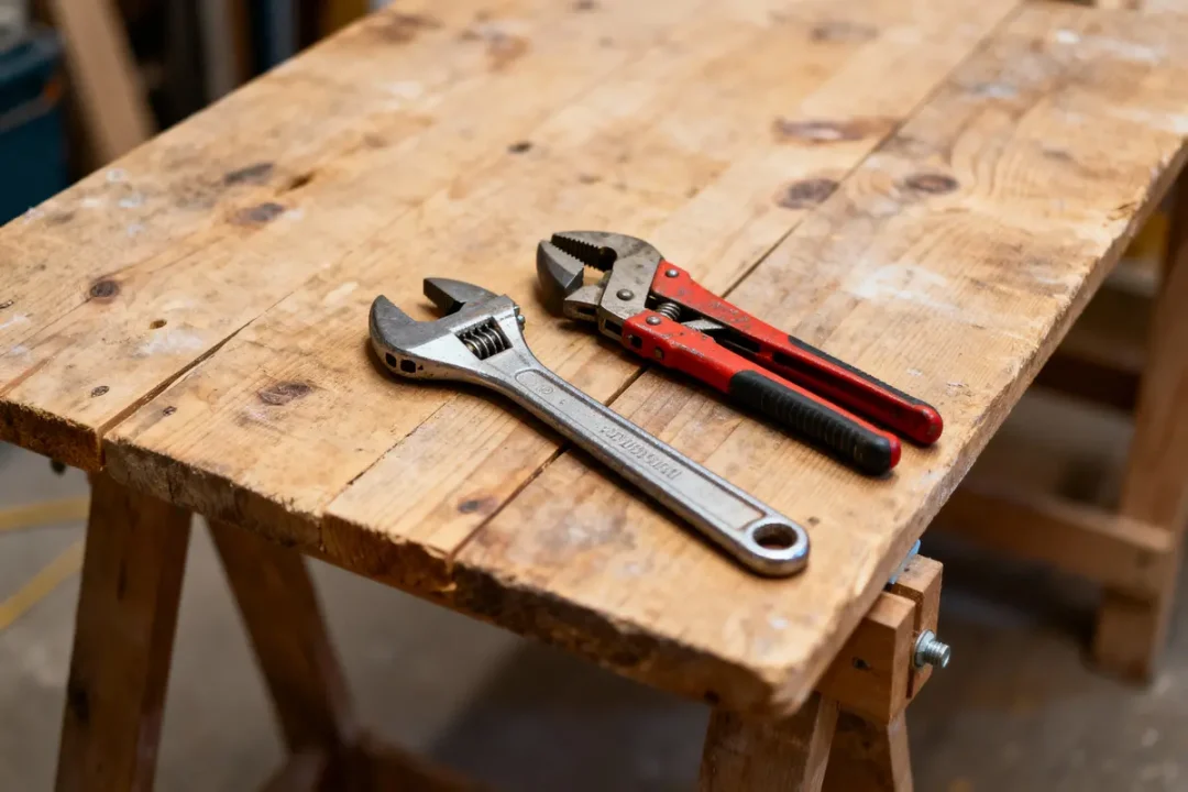 Clé à molette et pince multiprise sur un établi en bois. Outils métalliques pour le bricolage.
