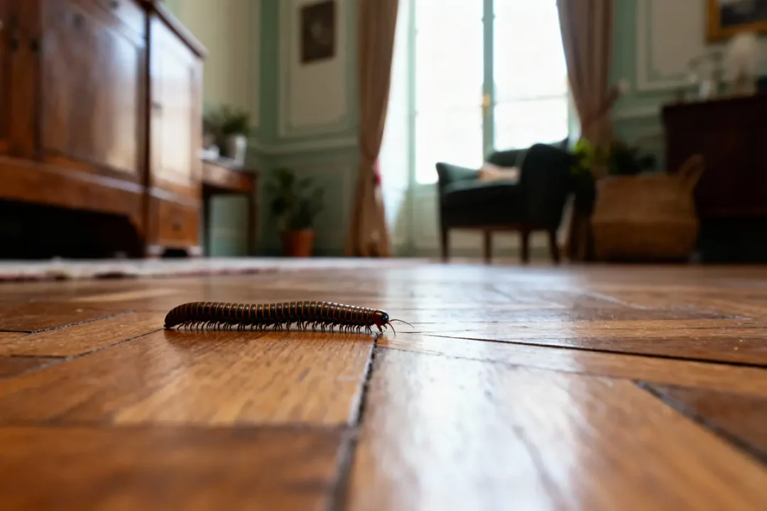 Mille-pattes sur parquet dans une pièce meublée avec fauteuil et commode en arrière-plan.