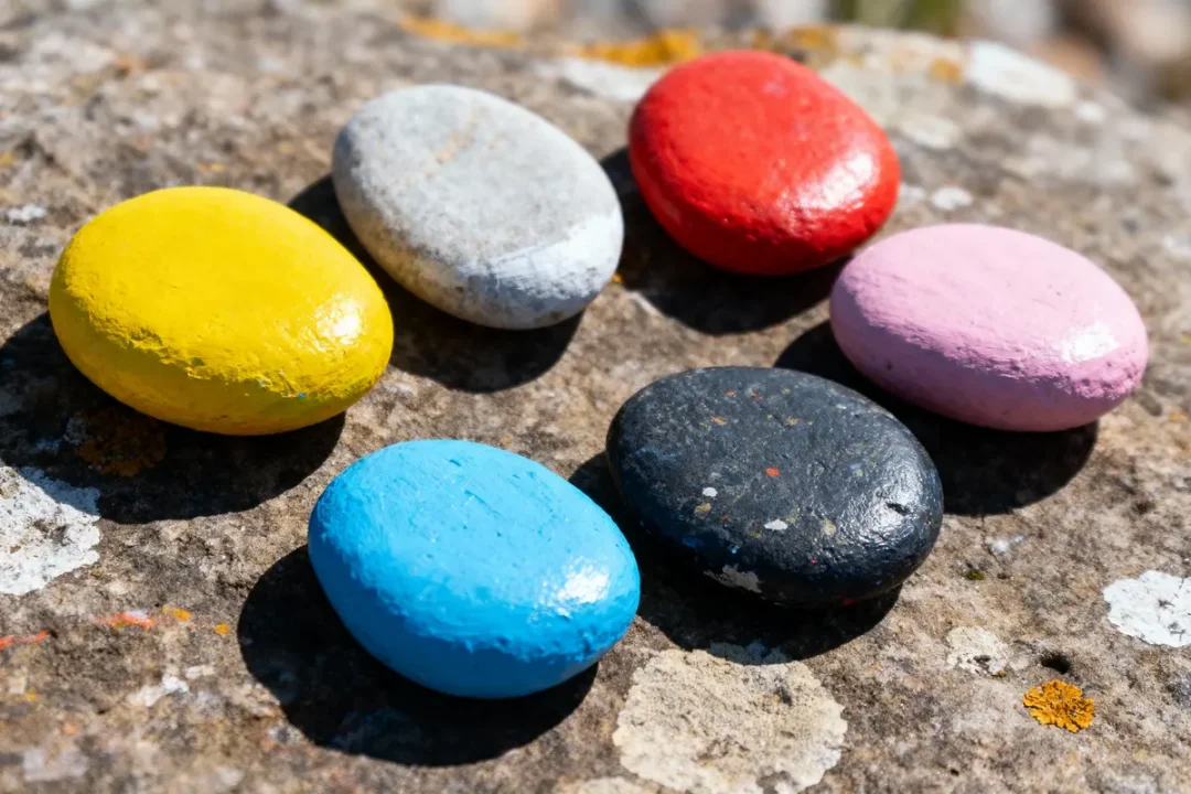 Six galets peints colorés (jaune, gris, rouge, rose, bleu, noir) sur fond pierreux.
