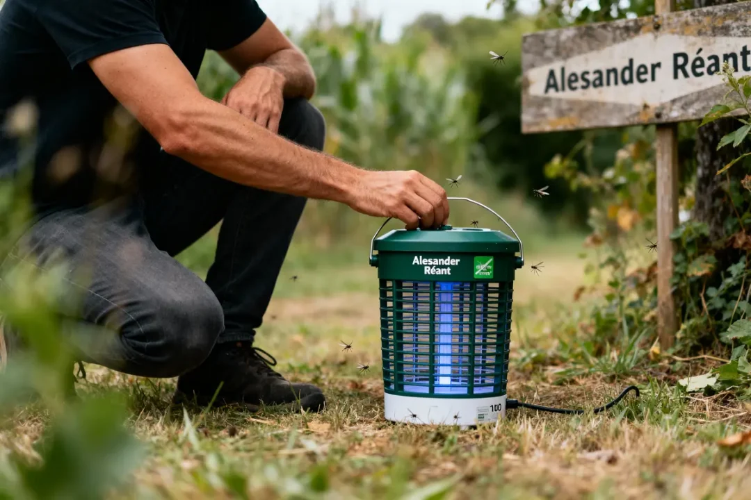 Homme assis dehors avec lampe anti-insecte en fonctionnement, moustiques en vol autour, panneau de signalisation visible.