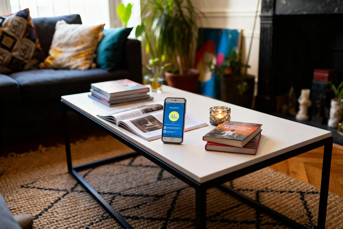 Table basse avec livres, smartphone, et bougie, salon avec canapé et plantes en arrière-plan, ambiance cosy.