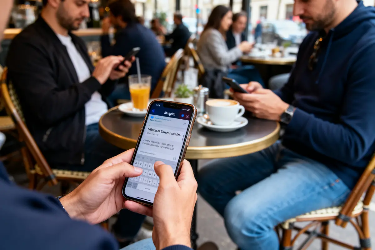 Personnes utilisant des smartphones dans un café, avec cafés et jus d'orange sur la table ronde.