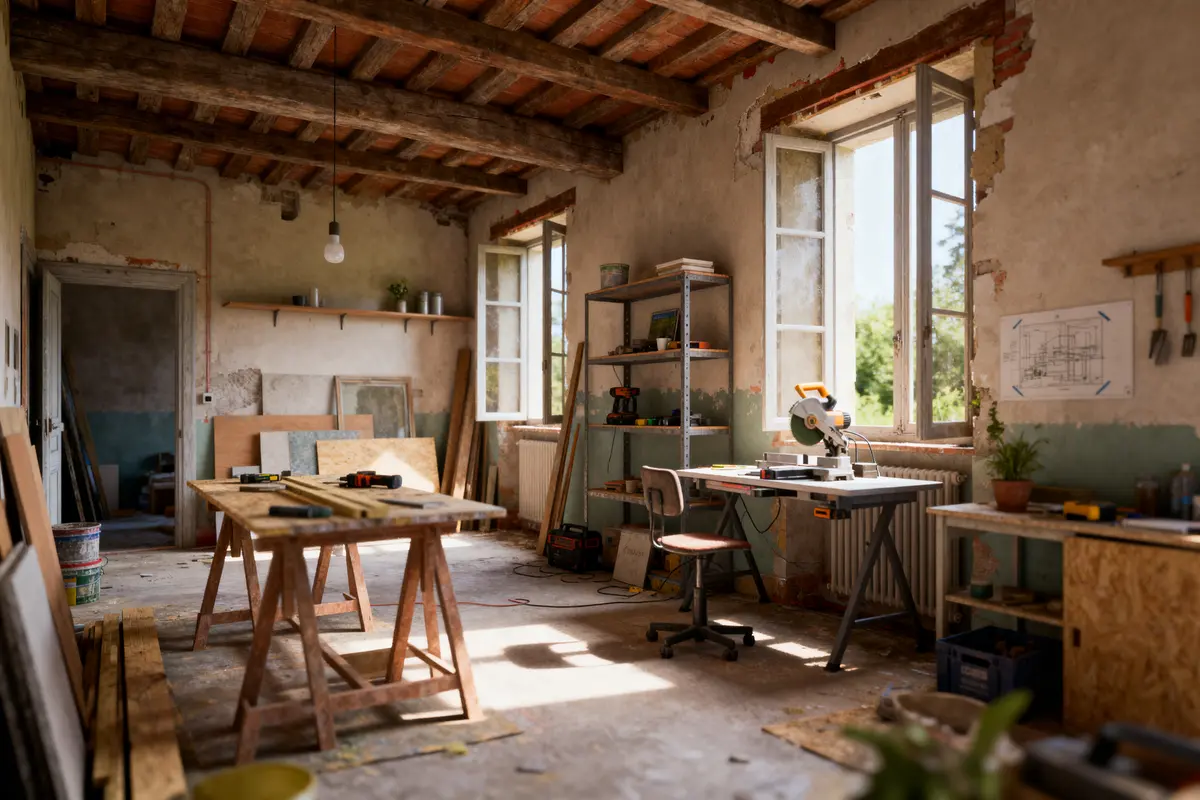 Atelier lumineux avec établi, outils, scie circulaire, étagères, mur en bois, fenêtres ouvertes sur jardin verdoyant.