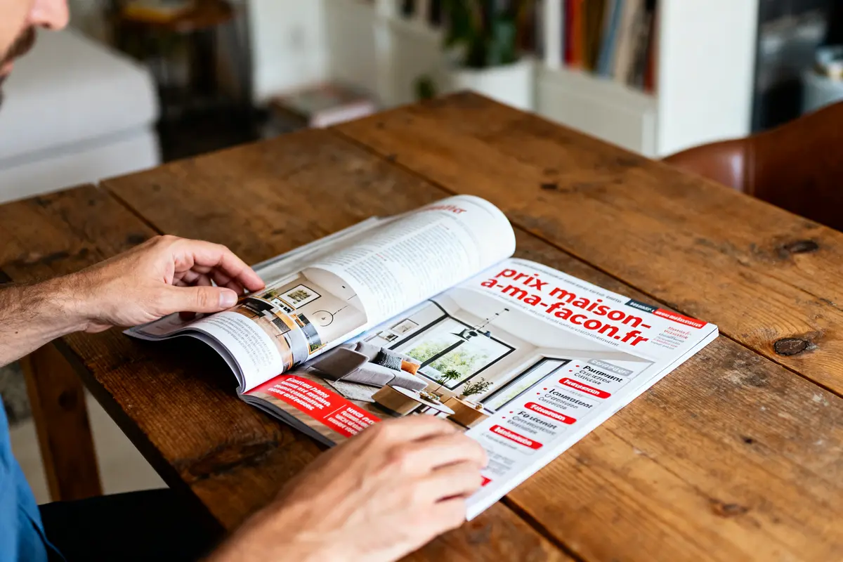 Personne feuilletant un magazine sur une table en bois avec images d'intérieur moderne et texte "prix maison-a-ma-facon.fr".